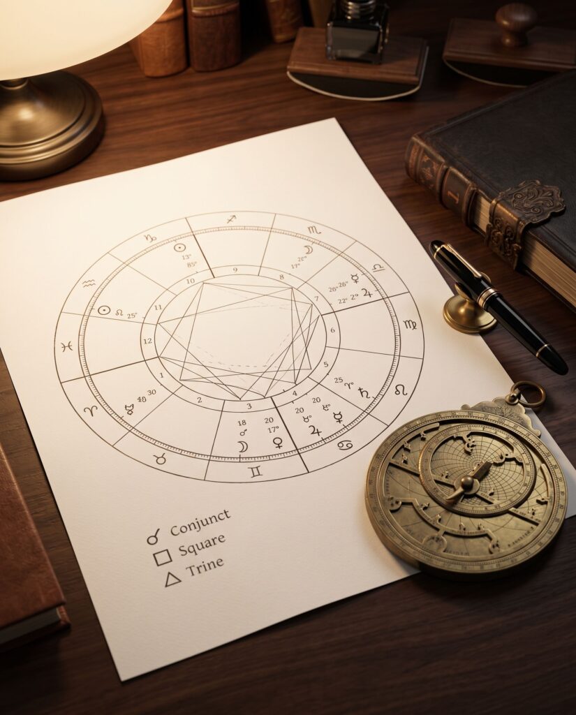 Scrivania di studio astrologico con tema natale calcolato a mano, astrolabio e penna stilografica per lezioni private