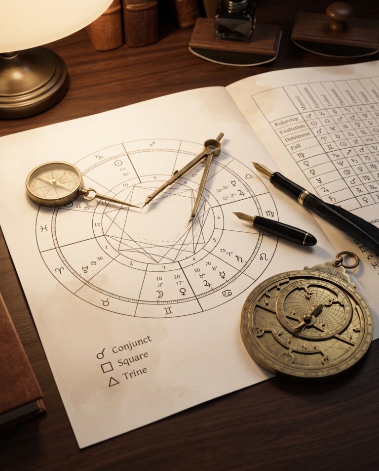 Manoscritto di astrologia tradizionale con calcolo del Maestro di Natività e carta del ciel