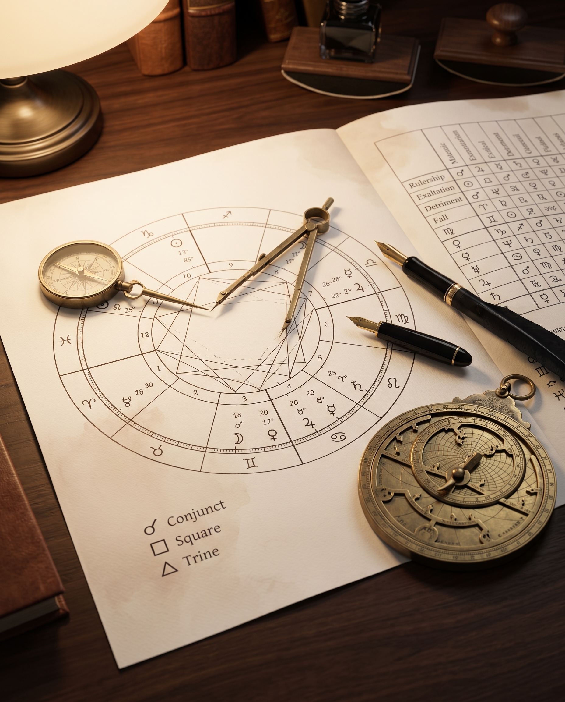 Manoscritto di astrologia tradizionale con calcolo del Maestro di Natività e carta del ciel
