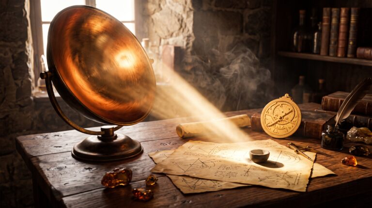 Antico specchio in bronzo che concentra i raggi del Sole, metafora ermetica della coscienza del cuore e del fuoco alchemico.